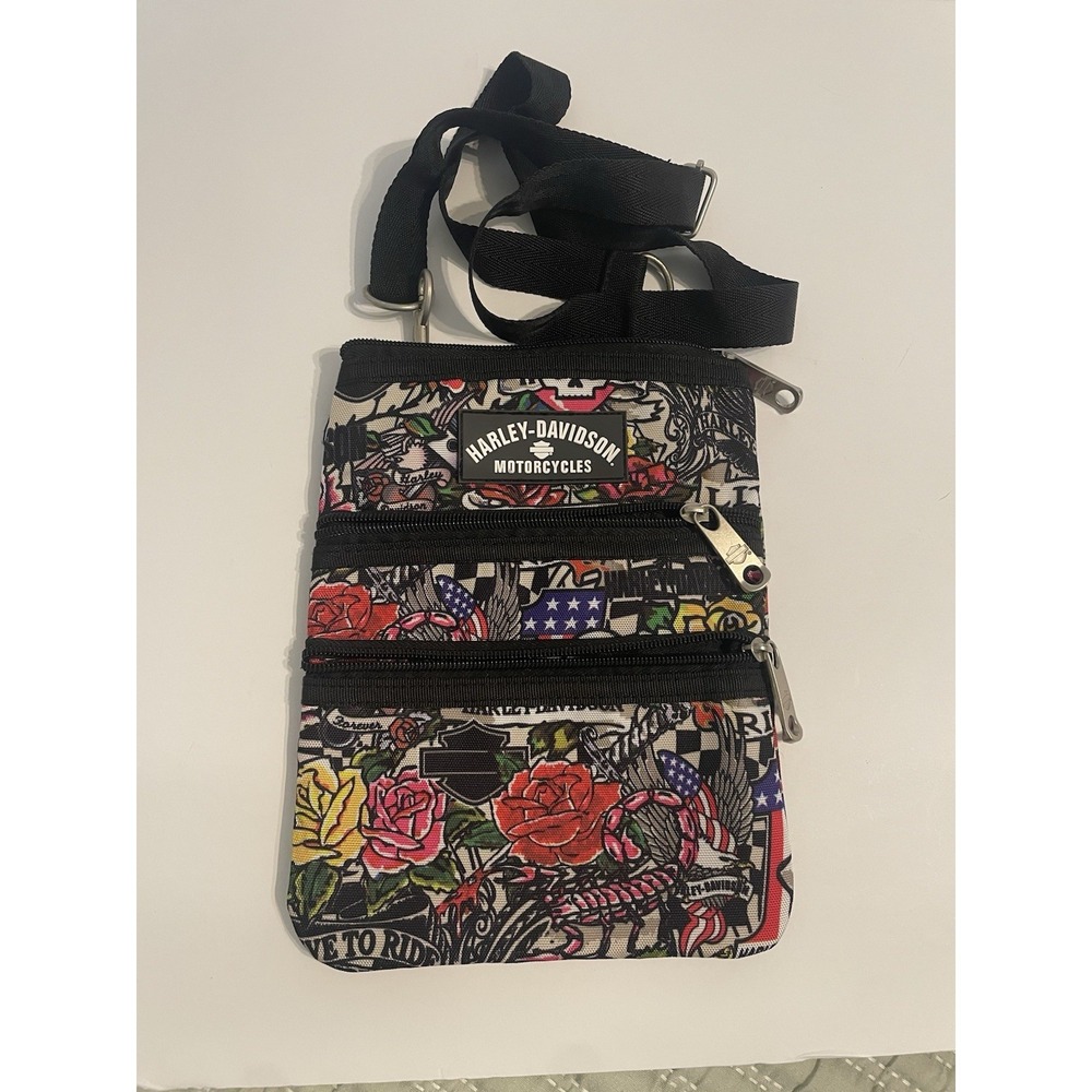 HARLEY DAVIDSON Crossbody Bag Purse - Roses Hearts Skull Tattoo Art w/adj Strap